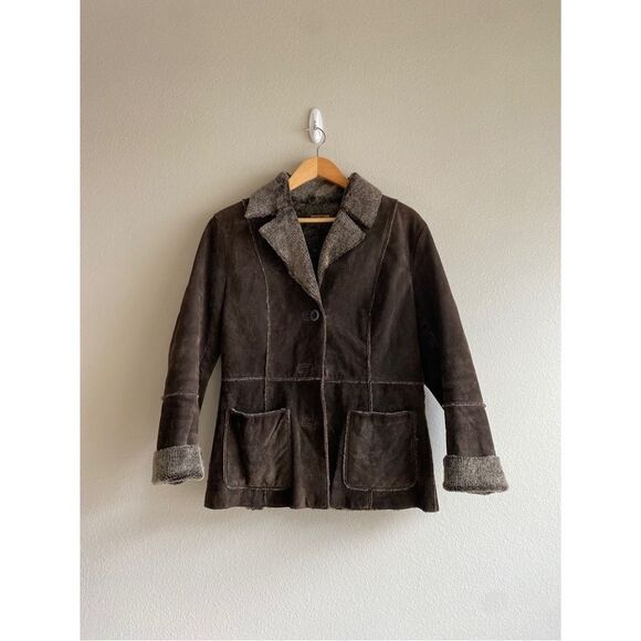 guess brown suede leather faux fur lined jacket coat - Picture 1 of 7